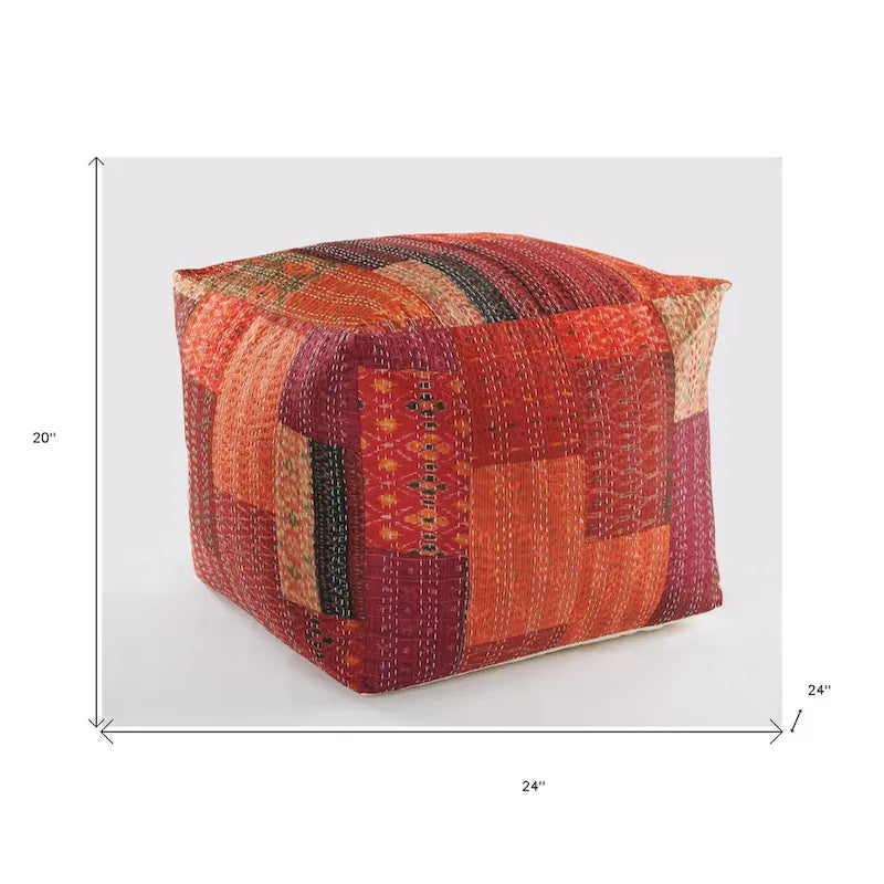 24 Square Red Pouf Ottoman with Cotton Blend Upholstery and Modern Patchwork Design Great for Footrest