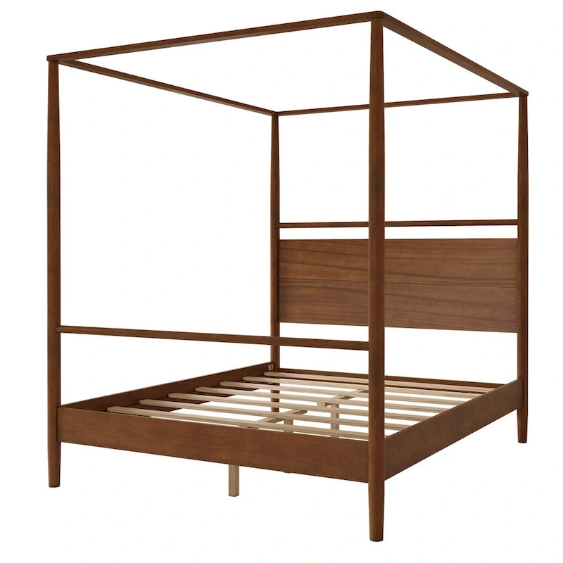 Walnut Wooden Canopy Bed Frame Panel Wingback Bed Four Posters Bed with Complete Roller Track on The Top No Box Spring Needed