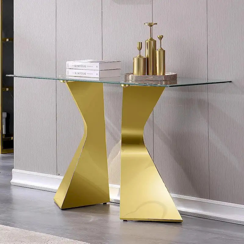 Luxury 51 inch Console Table Rectangular Sofa Entryway Console Table with Rectangle Tempered Glass Top and Metal Legs