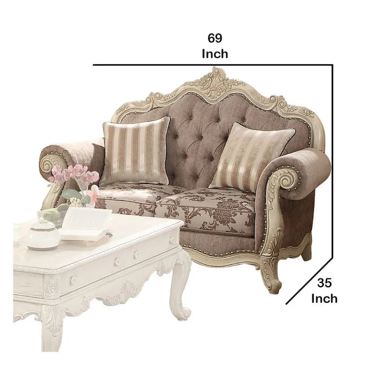 Scrolled Crown Top Fabric Loveseat with Cabriole Legs, Gray and White