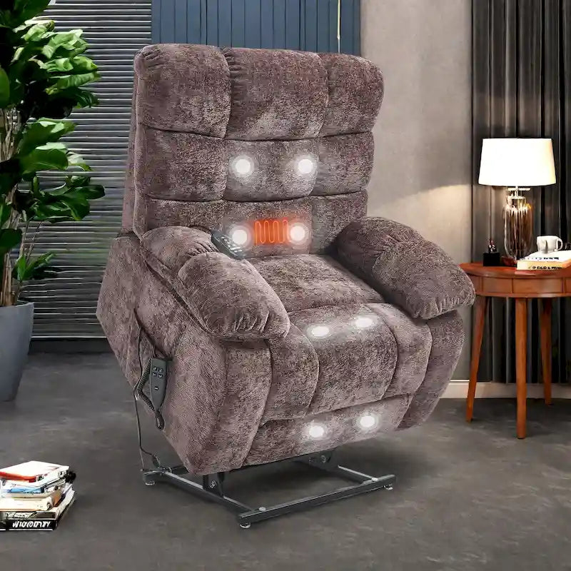Oversized Chenille Power Lift Recliner Chair with Massage and Lumbar Heating, Charging Port, 180 Lying Flat
