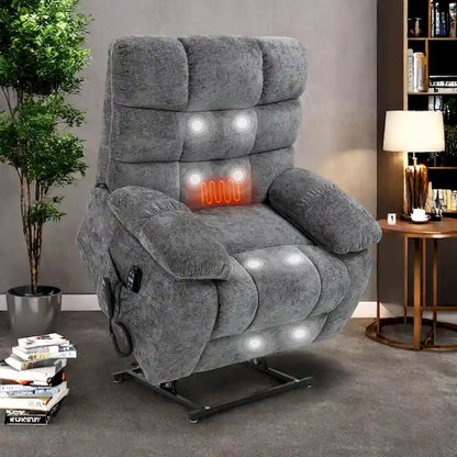 Oversized Chenille Power Lift Recliner Chair with Massage and Lumbar Heating, Charging Port, 180 Lying Flat