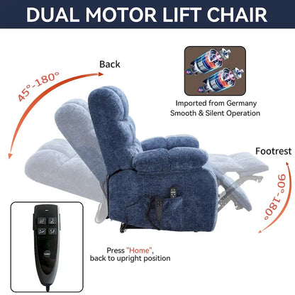Oversized Chenille Power Lift Recliner Chair with Massage and Lumbar Heating, Charging Port, 180 Lying Flat