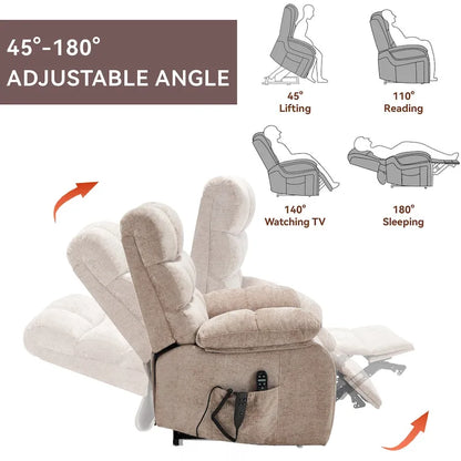 Oversized Chenille Power Lift Recliner Chair with Massage and Lumbar Heating, Charging Port, 180 Lying Flat