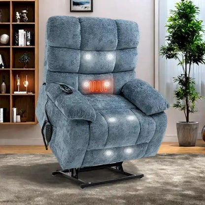 Oversized Chenille Power Lift Recliner Chair with Massage and Lumbar Heating, Charging Port, 180 Lying Flat