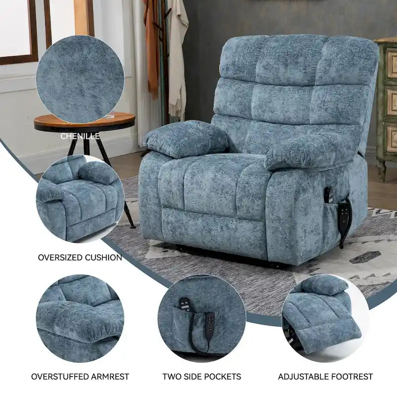 Oversized Chenille Power Lift Recliner Chair with Massage and Lumbar Heating, Charging Port, 180 Lying Flat