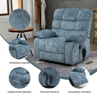Oversized Chenille Power Lift Recliner Chair with Massage and Lumbar Heating, Charging Port, 180 Lying Flat