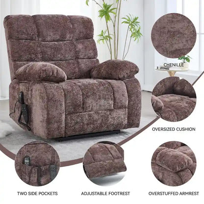 Oversized Chenille Power Lift Recliner Chair with Massage and Lumbar Heating, Charging Port, 180 Lying Flat
