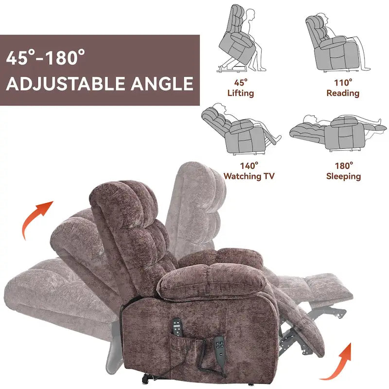 Oversized Chenille Power Lift Recliner Chair with Massage and Lumbar Heating, Charging Port, 180 Lying Flat
