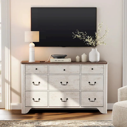 WAMPAT 53.5 Wide Farmhouse White Dresser TV Stand with Curved Edge Design and Wide Chests of Drawers