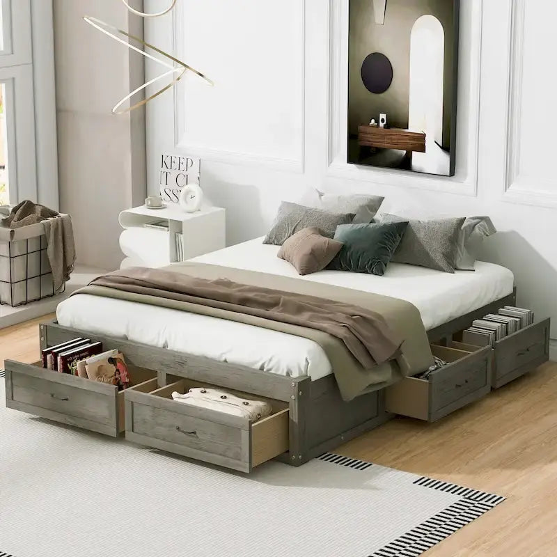 Queen Size Platform Bed with 6 Storage Drawers,83.1x 63.7x 15.7(L x W x H)