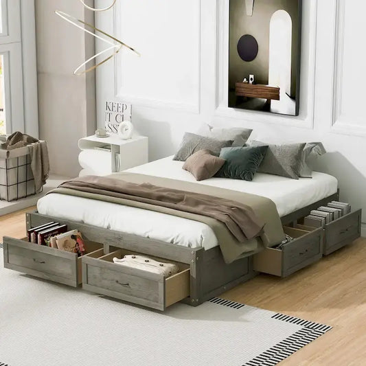 Queen Size Platform Bed with 6 Storage Drawers,83.1x 63.7x 15.7(L x W x H)