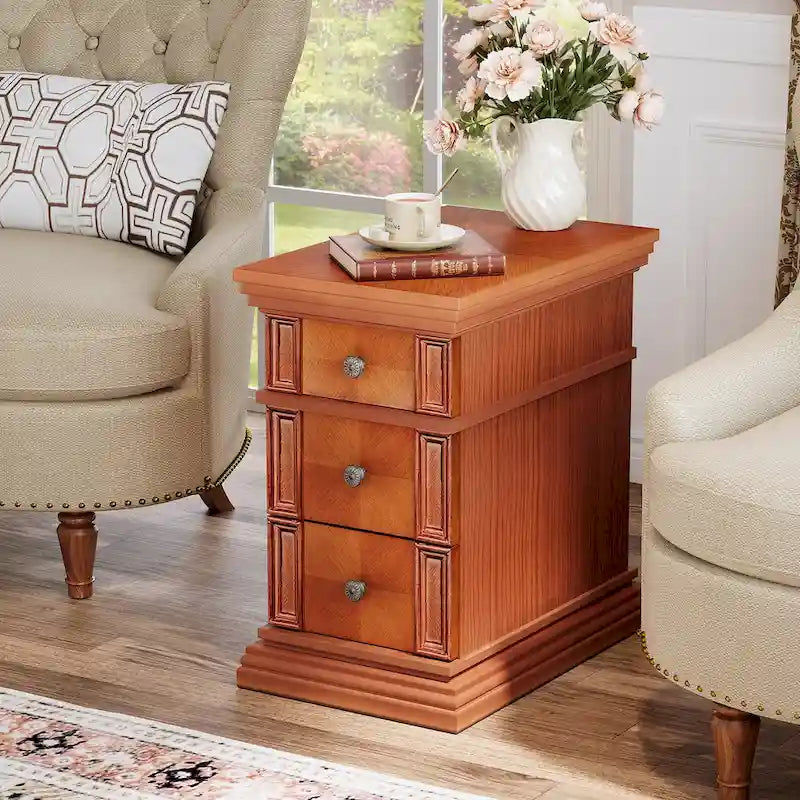 Narrow End Table with 3 Drawers, Vintage Sofa Side Table