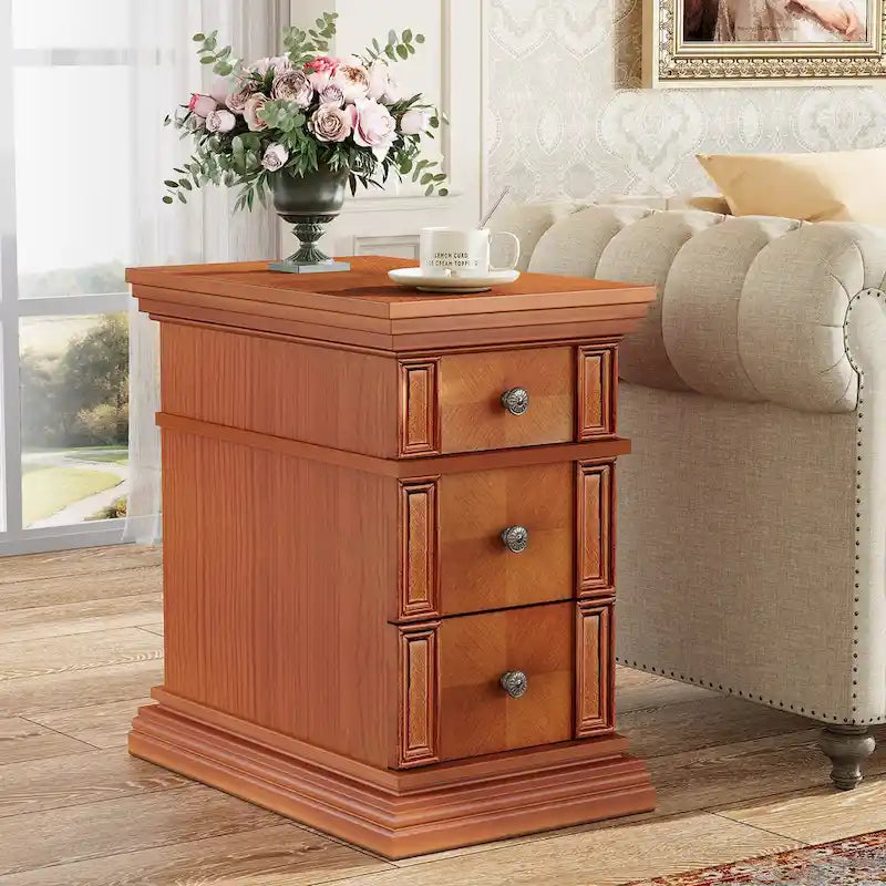 Narrow End Table with 3 Drawers, Vintage Sofa Side Table