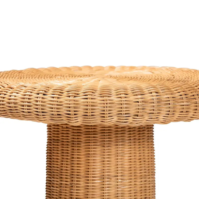 Avalon Scallop Natural Rattan Side Table - Handwoven Wicker Table with Skirted Base, Coastal Style for Living Room or Hallway