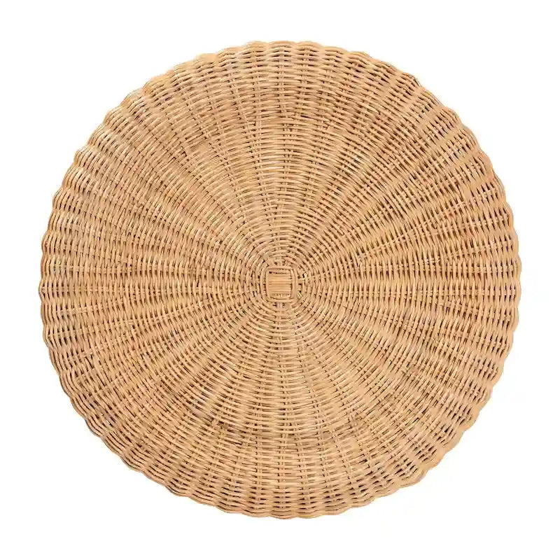 Avalon Scallop Natural Rattan Side Table - Handwoven Wicker Table with Skirted Base, Coastal Style for Living Room or Hallway