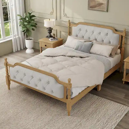 Traditional Style Solid Wood Bed Frame with Upholstered Tufted Headboard,No Box Spring Needed,Full Size, Antique Walnut