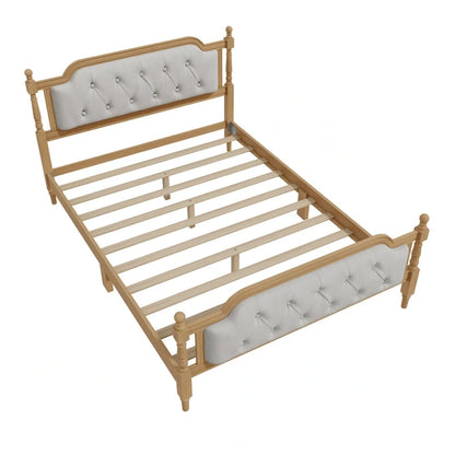 Traditional Style Solid Wood Bed Frame with Upholstered Tufted Headboard,No Box Spring Needed,Full Size, Antique Walnut