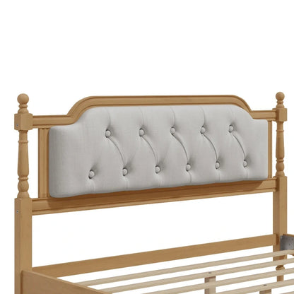 Traditional Style Solid Wood Bed Frame with Upholstered Tufted Headboard,No Box Spring Needed,Full Size, Antique Walnut