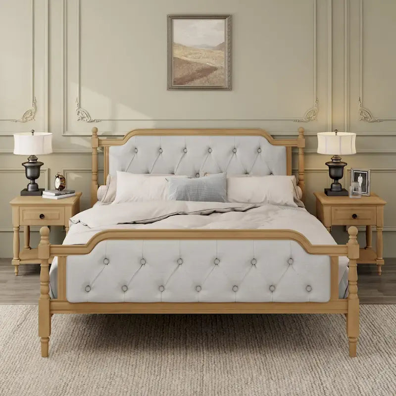Traditional Style Solid Wood Bed Frame with Upholstered Tufted Headboard,No Box Spring Needed,Full Size, Antique Walnut