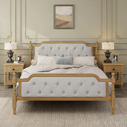 Traditional Style Solid Wood Bed Frame with Upholstered Tufted Headboard,No Box Spring Needed,Full Size, Antique Walnut