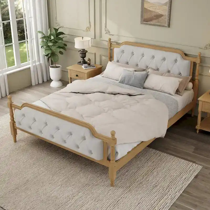 Traditional Style Solid Wood Bed Frame with Upholstered Tufted Headboard,No Box Spring Needed,Full Size, Antique Walnut