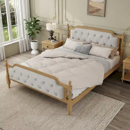 Traditional Style Solid Wood Bed Frame with Upholstered Tufted Headboard,No Box Spring Needed,Full Size, Antique Walnut
