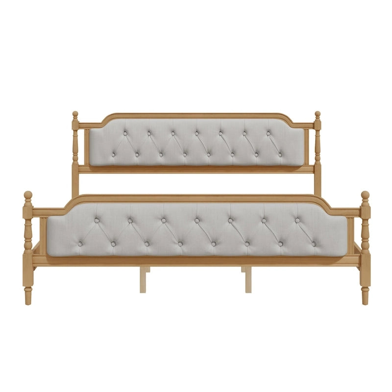 Traditional Style Solid Wood Bed Frame with Upholstered Tufted Headboard,No Box Spring Needed,Full Size, Antique Walnut