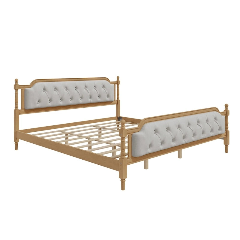 Traditional Style Solid Wood Bed Frame with Upholstered Tufted Headboard,No Box Spring Needed,Full Size, Antique Walnut