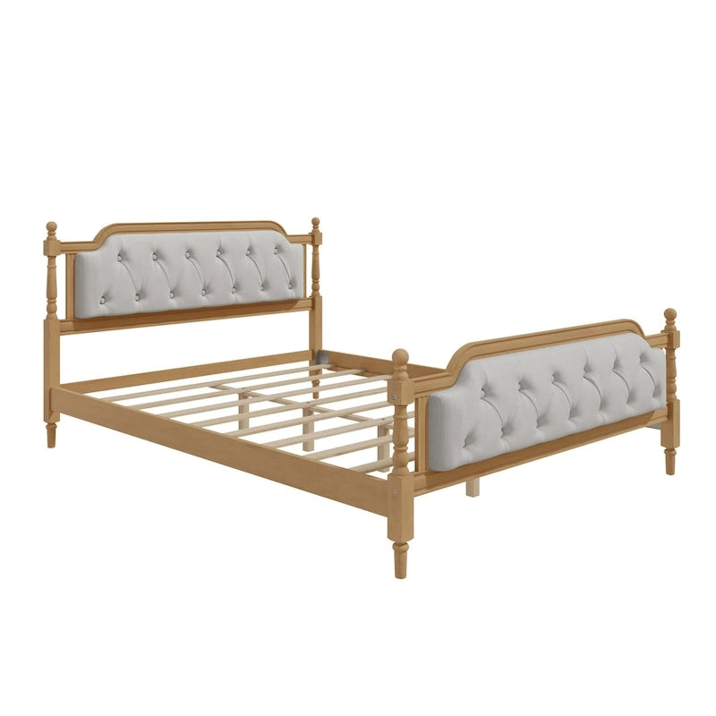 Traditional Style Solid Wood Bed Frame with Upholstered Tufted Headboard,No Box Spring Needed,Full Size, Antique Walnut
