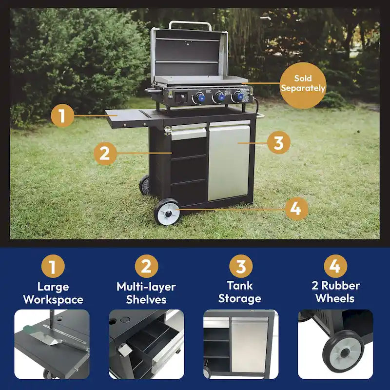 Razor Universal Rolling Prep Cart for Portable Outdoor Griddle and Grills, Black - 52.8