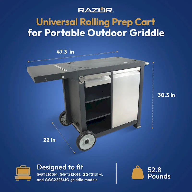 Razor Universal Rolling Prep Cart for Portable Outdoor Griddle and Grills, Black - 52.8