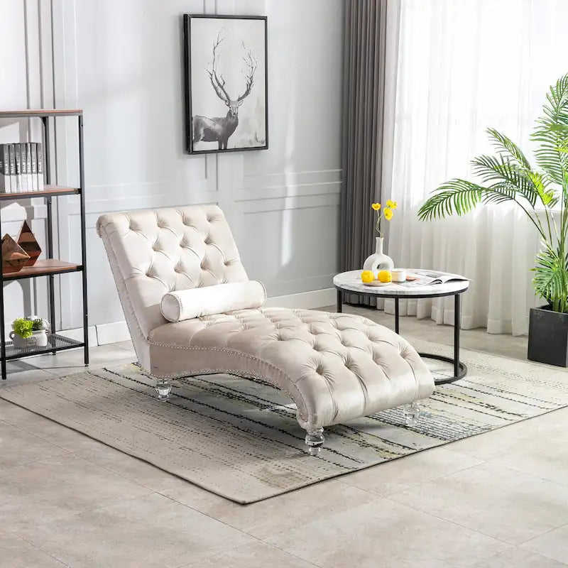 Velvet Tufted Chaise Lounge Chair Ergonomic S Shape Recliner with Pillow, Nailhead Trim and Acrylic Legs for Indoor Use