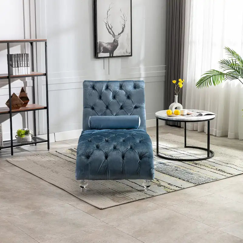 Velvet Tufted Chaise Lounge Chair Ergonomic S Shape Recliner with Pillow, Nailhead Trim and Acrylic Legs for Indoor Use
