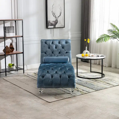 Velvet Tufted Chaise Lounge Chair Ergonomic S Shape Recliner with Pillow, Nailhead Trim and Acrylic Legs for Indoor Use