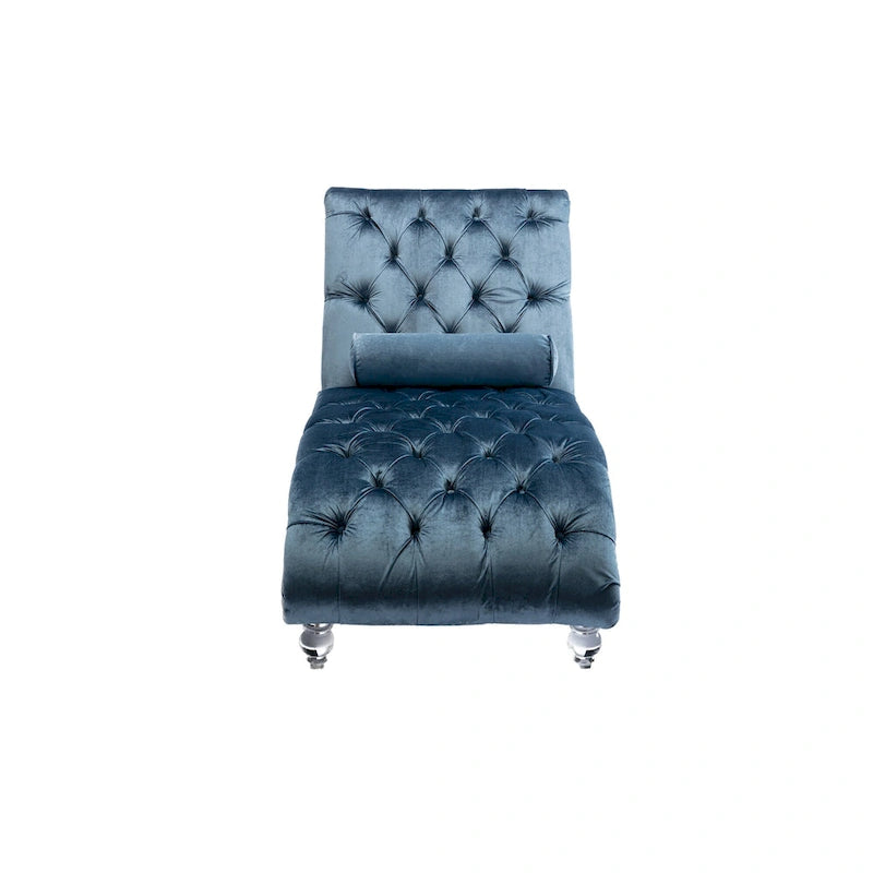 Velvet Tufted Chaise Lounge Chair Ergonomic S Shape Recliner with Pillow, Nailhead Trim and Acrylic Legs for Indoor Use