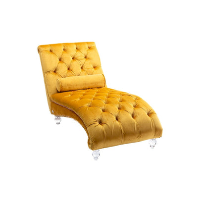 Velvet Tufted Chaise Lounge Chair Ergonomic S Shape Recliner with Pillow, Nailhead Trim and Acrylic Legs for Indoor Use