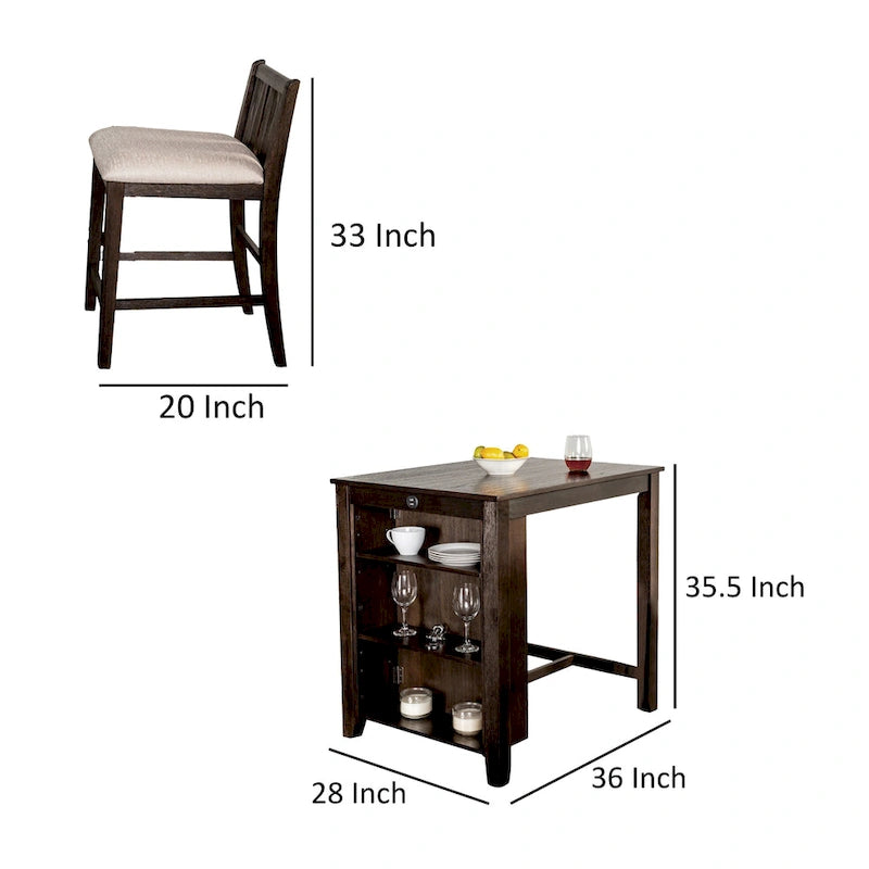 Lessi 3pc Counter Height Table Set with Side Shelf, USB , Cherry Brown Wood
