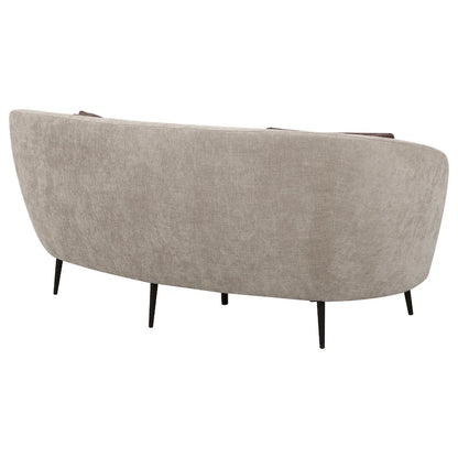 Zui Curved Loveseat, 84 Inch Beige, Round Design, 2 Accent Pillows
