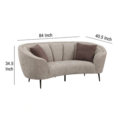 Zui Curved Loveseat, 84 Inch Beige, Round Design, 2 Accent Pillows