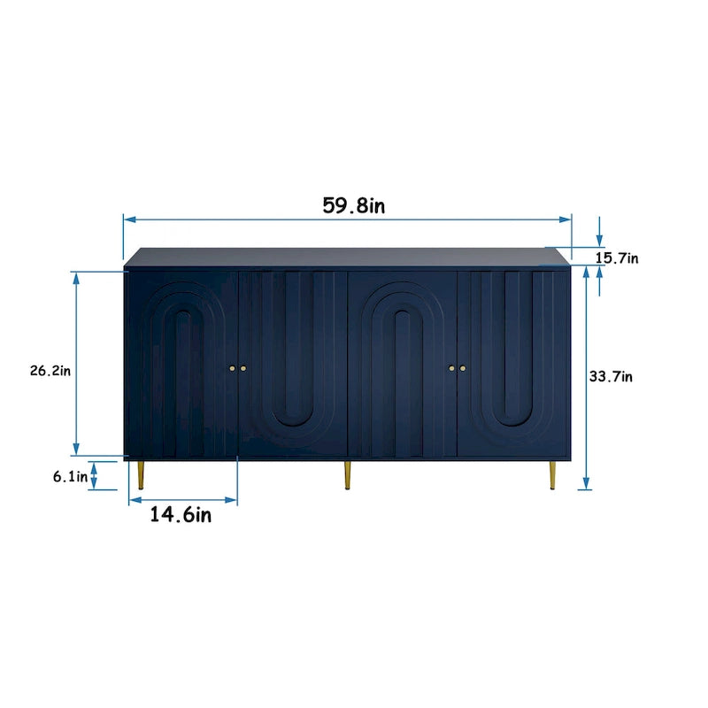 Sideboard Cabinet with 4 Door, Wood Storage Cabinet with Gold Knobs and Legs, Entryway Table with Adjustable Shelves