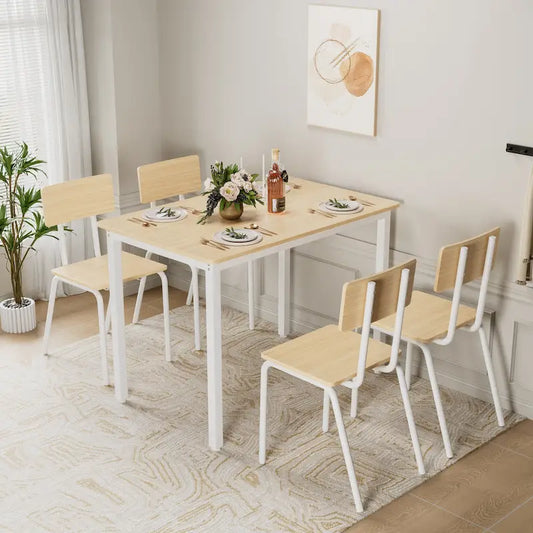Kitchen Dining Table Set Metal Frame Breakfast Table with 4 Dining Chairs Modern Casual Dining Table Set 5-Piece Dining Set