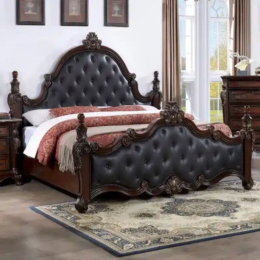 Furniture of America Eugene Traditional Faux Leather Button Tufted Four Poster Panel Bed