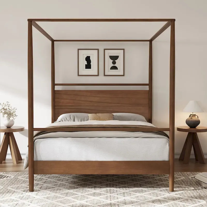 Walnut Wooden Canopy Bed Frame Panel Wingback Bed Four Posters Bed with Complete Roller Track on The Top No Box Spring Needed