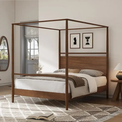 Walnut Wooden Canopy Bed Frame Panel Wingback Bed Four Posters Bed with Complete Roller Track on The Top No Box Spring Needed