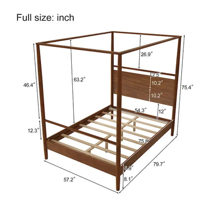 Walnut Wooden Canopy Bed Frame Panel Wingback Bed Four Posters Bed with Complete Roller Track on The Top No Box Spring Needed