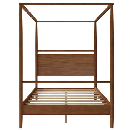Walnut Wooden Canopy Bed Frame Panel Wingback Bed Four Posters Bed with Complete Roller Track on The Top No Box Spring Needed