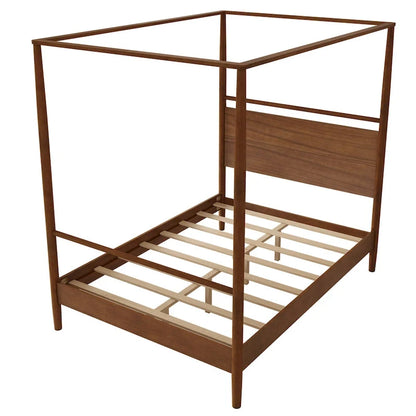 Walnut Wooden Canopy Bed Frame Panel Wingback Bed Four Posters Bed with Complete Roller Track on The Top No Box Spring Needed