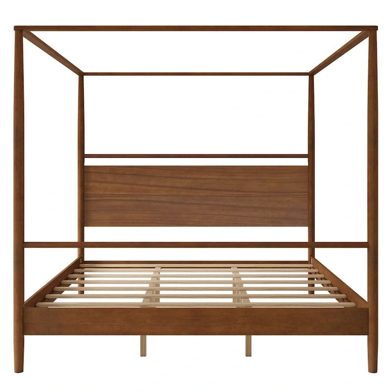 Walnut Wooden Canopy Bed Frame Panel Wingback Bed Four Posters Bed with Complete Roller Track on The Top No Box Spring Needed
