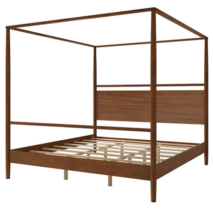 Walnut Wooden Canopy Bed Frame Panel Wingback Bed Four Posters Bed with Complete Roller Track on The Top No Box Spring Needed
